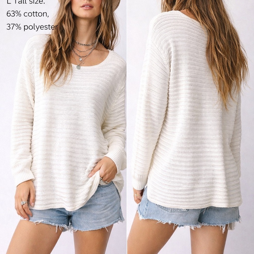 GAP White Knit Sweater L Tall – Boho‎ Minimal Ribbed Cotton Blend Pullover